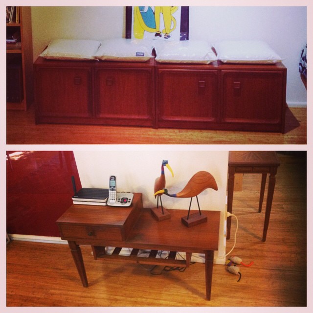 New-to-us vintage furniture from the Snook's grandma: teak cabinets and telephone table. Still arranging things...