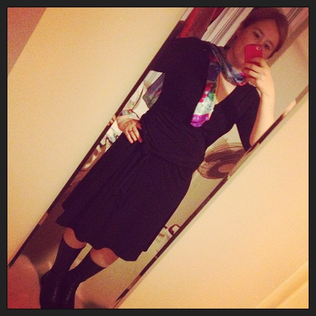 #frocktober day 13. Black wrap dress and boots with a jaunty silk scarf.
