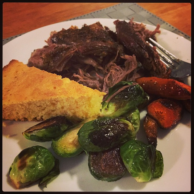 Sunday roast. Lamb shoulder, carrots, and sprouts courtesy of the Snook; brown butter cornbread courtesy of me and my cast iron skillet!