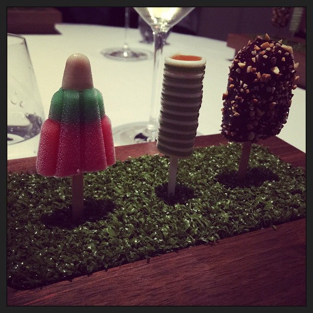 Savoury ice creams: Waldorf Rocket, Salmon roll, and Golden Gaytime (chicken liver pate with fig and roast almond). #fatduck
