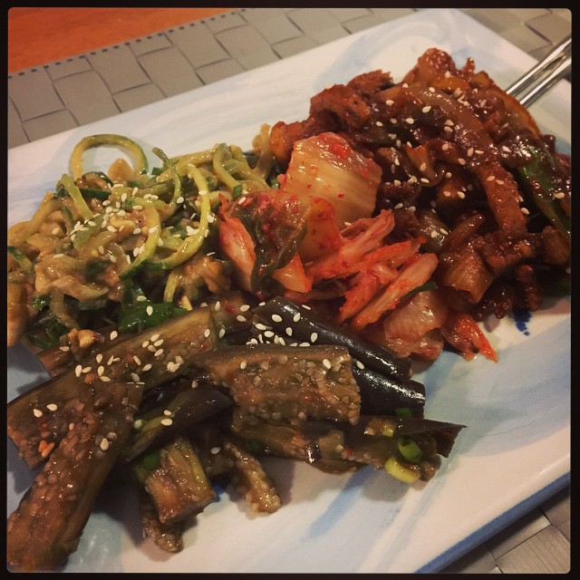 Pork bulgogi, sesame cucumber noodles, steamed eggplant, and kimchi. Sunday Korean dinner is becoming a fun tradition!