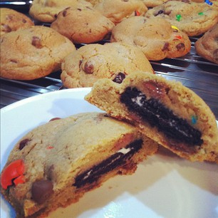 Oreo-Stuffed Choc-Chip and M&M cookies. Monday morning is going to rock.