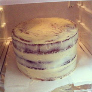 CHERPUMPLE near completion. Crumb coat applied. The beast is chilling in the fridge!