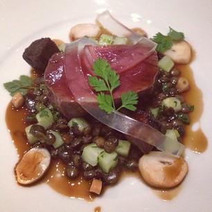 Main course: venison with smoked octopus, lentils, pine jelly, and more...!