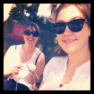 Aine and I enjoying the sun at our first official Rocks Social Knitting Group.