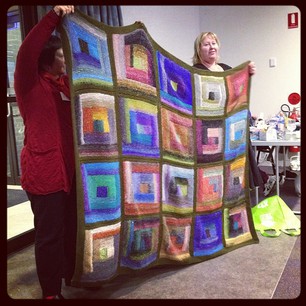 Amazing log cabin blanket from Sharon. #knitcamp