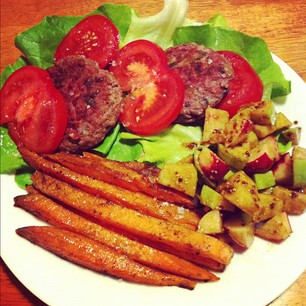 Dinner tonight: @nomnompaleo's Big-O Bacon Burgers, Sweet Potato Fries, and Crunchy Radish Salad. #paleo