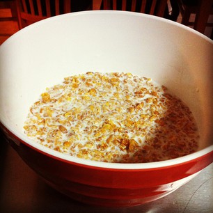 Giant bowl of milk steeping in caramelised corn flakes. Holy crap.