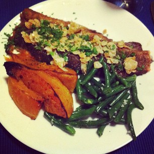 Dinner tonight: Rainbow Trout with Almonds, Pumpkin, and Beans.  #paleo 