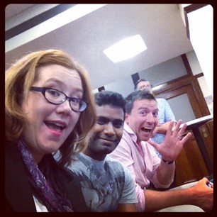 Geeky selfie at SydJS with Varun, Allan, and Sharkie.