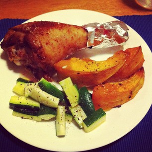 Dinner tonight: Caveman Pops (Roast Turkey Legs), Pumpkin, Zucchini.  #paleo 