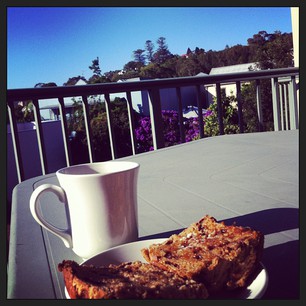 Coffee and hot cross buns on the veranda on a pretty morning.
