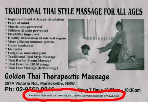 Patrons Please Note: Traditional Thai Massage Does Not Involve Sex!
