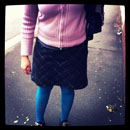 Wool skirt, T-shirt, cardigan, blue tights