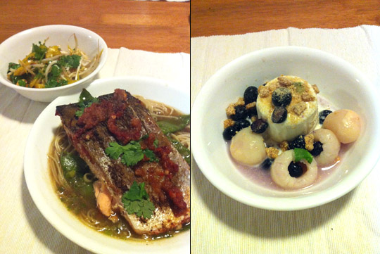 Asian-Style Salmon, Noodle Broth, Beanspout Salad, and Lychee Dessert
