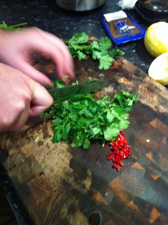 Chopping chilli and coriander