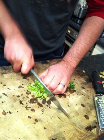 Slicing coriander stalks