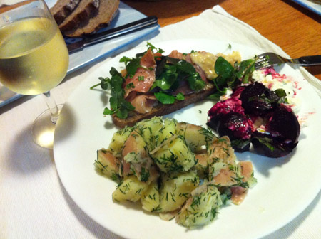 Smoked Salmon, Potato Salad, Beets & Cottage Cheese, Rye Bread & Homemade Butter
