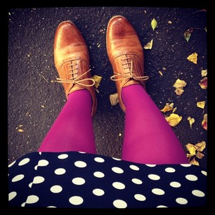  Rubine tights from @welovecolors, Oxfords, and polka dots. #winter #colouredtights