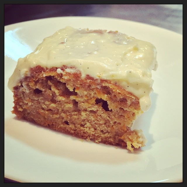 I baked us an afternoon treat - @smittenkitchen's Carrot Cake with Cider and Olive Oil. Perfection. Recipe: http://smittenkitchen.com/blog/2014/10/carrot-cake-with-cider-and-olive-oil/