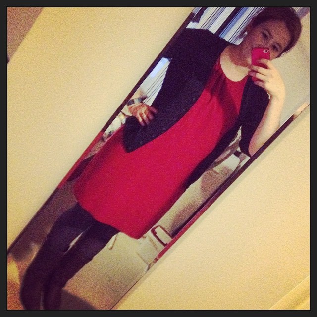 #frocktober day 15 (which I somehow forgot to document). Red dress, grey tights, Frye boots.