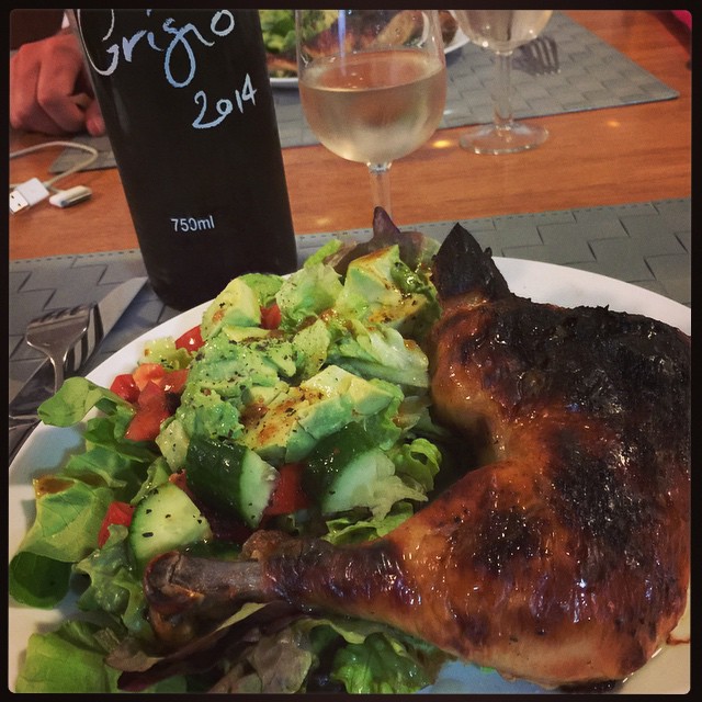 Dinner: buttermilk roast chicken and salad with DiLusso winery fig vinaigrette and Pinot Grigio. @mudgeeregion