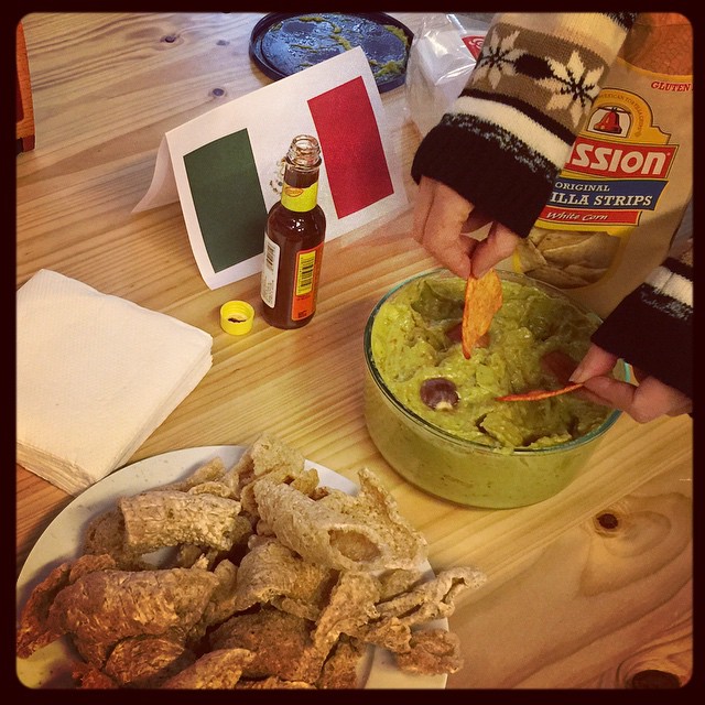 Team Mexico: pork cracklings, nacho chips, and some beautiful homemade guacamole. #diversitydrinks