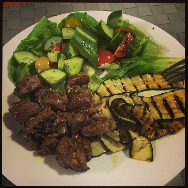 Herb & mustard crusted lamb skewers, grilled zucchini, and heirloom tomato salad. #imadethis