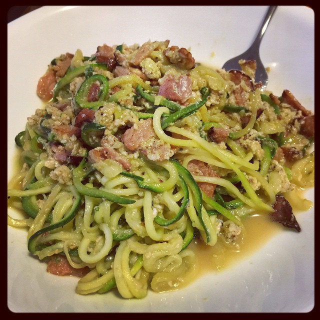 Zucchini Carbonara from @eatdrinkpaleo, courtesy of my spiralizer!