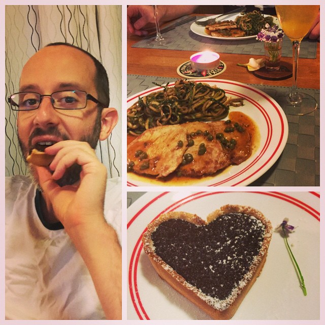Pork scaloppine with pesto zucchini, Bellini, and chocolate coconut pye. Reader, I married him. #myvalentine