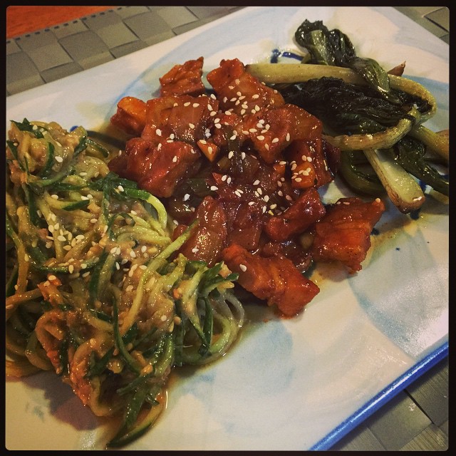 Korean dinner by me: spicy pork bulgogi, sesame cucumber noodles, and sautÃ©ed greens. #spiralizer YUM