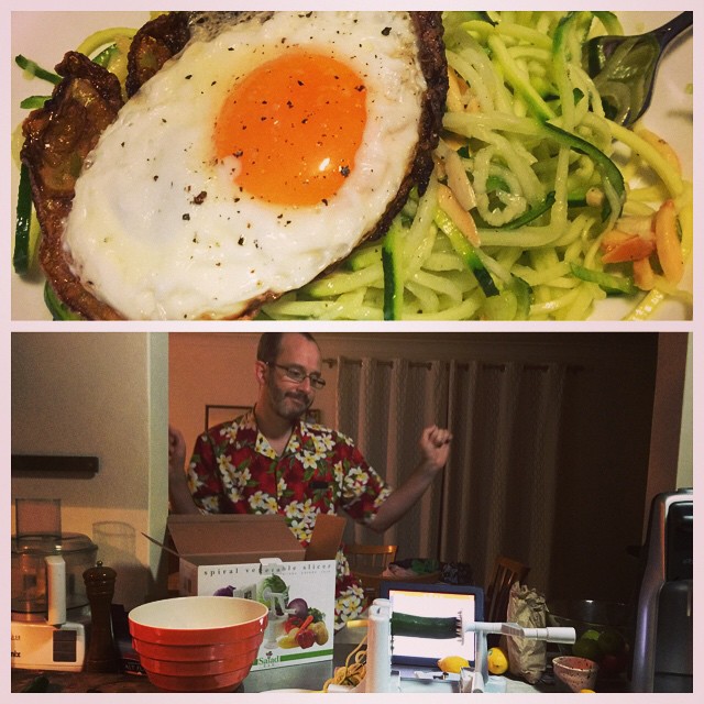 SPIRALIZER!! Zucchini pasta with crispy fried egg. (This is how we get crazy on a Friday night.)
