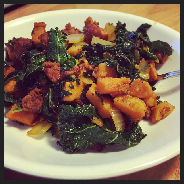 Chorizo, sweet potato, and kale hash. #paleo