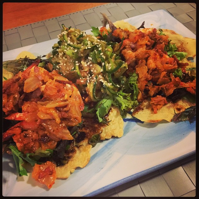 Korean Green Onion Pancakes with Prawn, Bacon, and Kimchi - AND cold cucumber noodles. Delish.