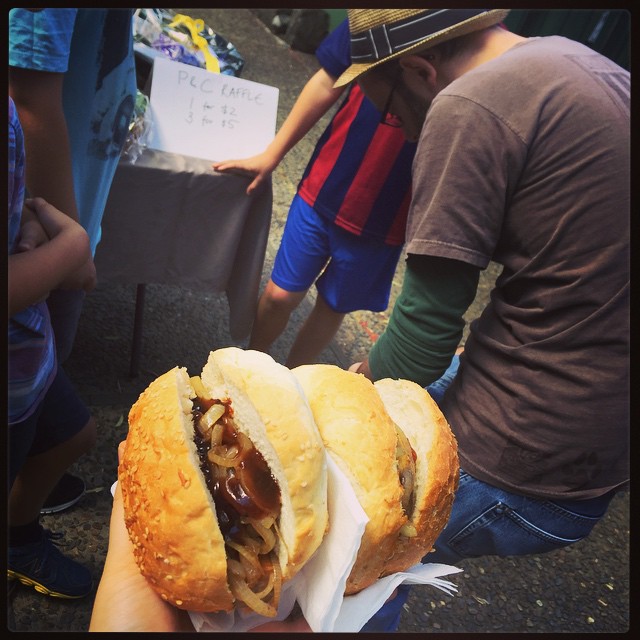 Clutching our #democracysausage while the Snook registers for the P&C raffle.