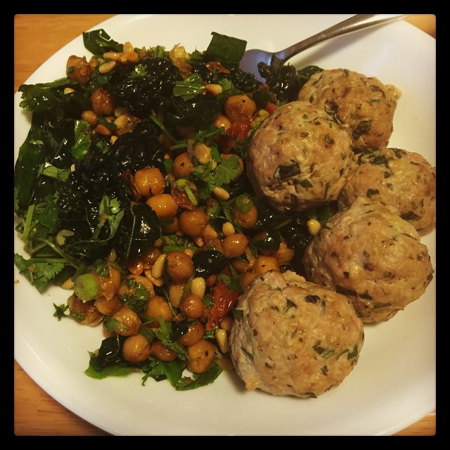 Paleo Lemon Ginger Meatballs (from @nomnompaleo) and Chickpea & Kale & Sundried-Tomato Salad. Tasty!