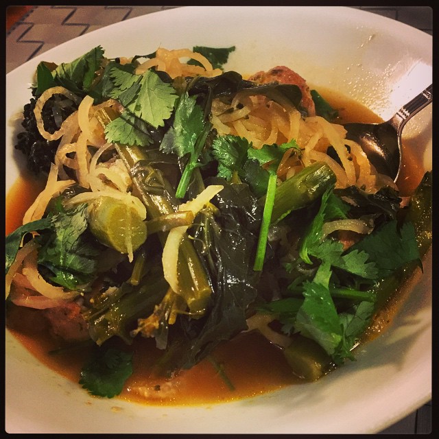 Daikon Noodles with Broccolini and Pork Meatballs. I even made my own stock today! Very tasty.