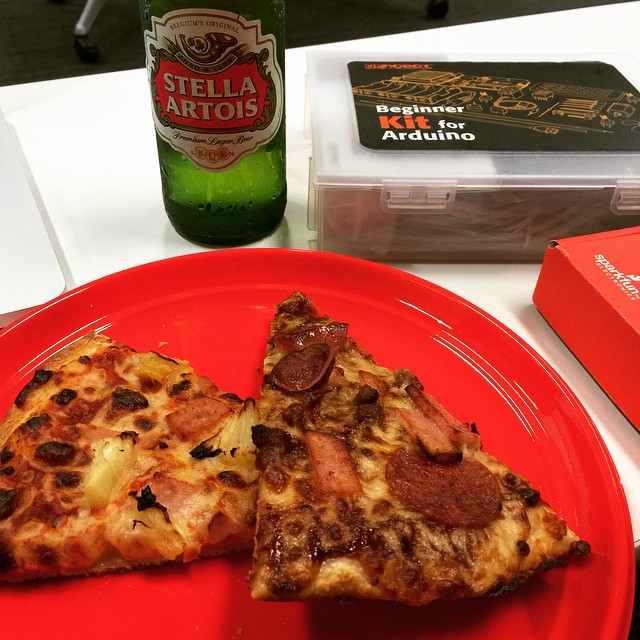 Time for pizza, beer, and hardware hacking with @WWCSyd! #arduino