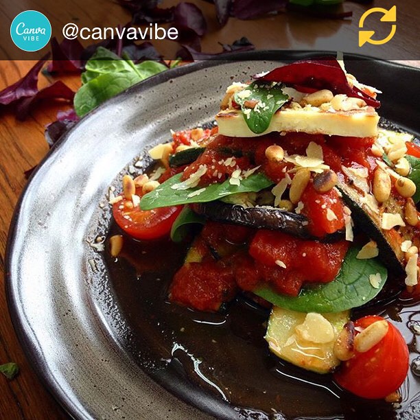 Healthy Friday lunch! RG @canvavibe: Mediterranean vegetable +chorizo stack #fresh #friday #feast #mediterranean #aubergine #zucchini #halloumi