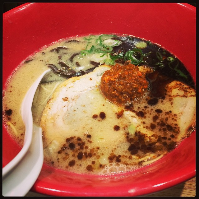 Tonkatsu ramen with pork belly, mushroom, miso, and garlic oil. So good on a chilly winter night!