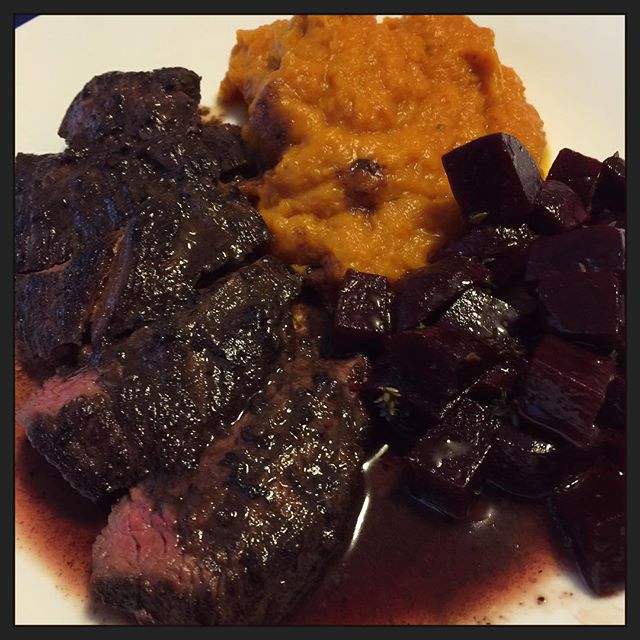 Sous vide kangaroo steak, pumpkin mash, and beetroot. Very tasty experiment!