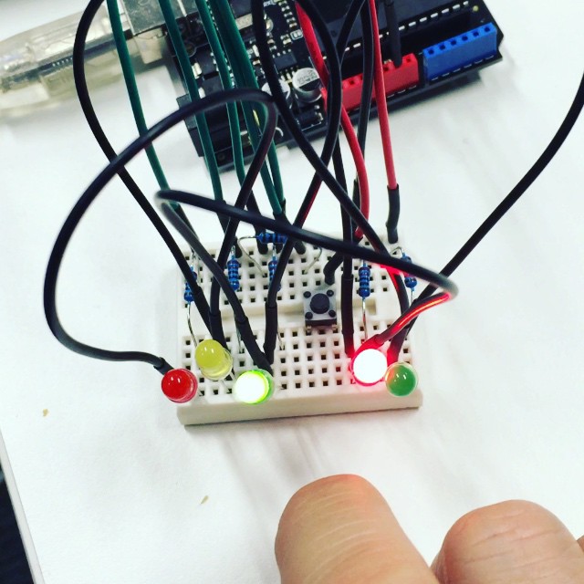 Final project of the night: TRAFFIC LIGHTS! (Lights on left are for cars; lights on right for pedestrians.) #arduino @WWCSyd