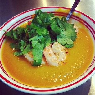 Butternut Squash Soup with Star Anise and Ginger Prawns.