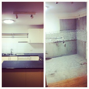 Kitchen at 2pm and 6pm. My ears are still ringing and my skin is crawling from the dust, but it has begun.