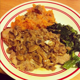 My turn to cook: JÃ¤gerschnitzel, sweet potato mash, and broccolini.