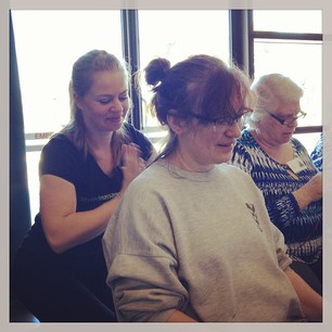 Look at @kat130n, blissed out from the massage therapist! #knitcamp