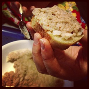 The end result: pork shoulder rillettes on French bread. All homemade. DROOOOOOL.