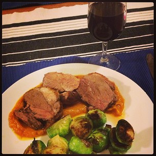 Lamb roast, pumpkin purÃ©e, and Brussels sprouts. #domesticgoddess