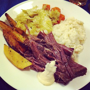 Dinner Tonight: IRISH! Homemade Corned Beef & Cabbage, Cauli Mash, Glazed Turnips, Horseradish Cream.