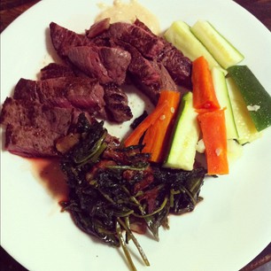 Dinner Tonight: Steak, Steamed Veg, Chinese Greens with Bacon.